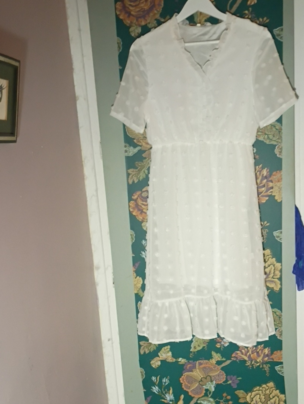 Vintage White Swiss Dot Midi Dress with Ruffle Hem